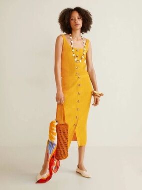 Mango Mustard Elastic Cable Knit Midi Skirt NWT Cotton Small